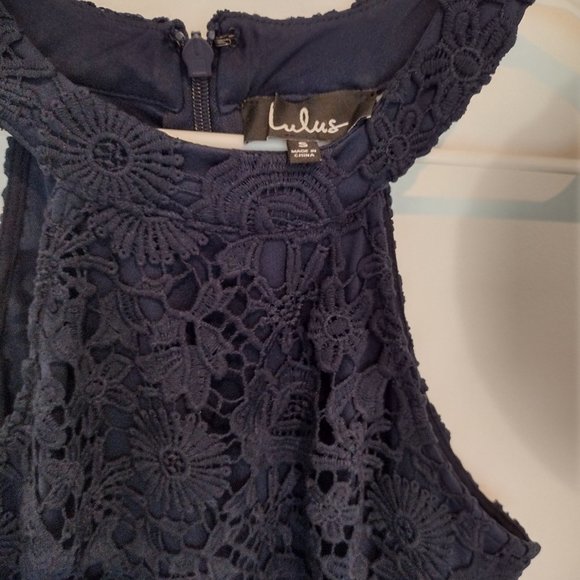 LULU'S navy blue Lovers Game lace chiffon swing dress, size S - Picture 8 of 10